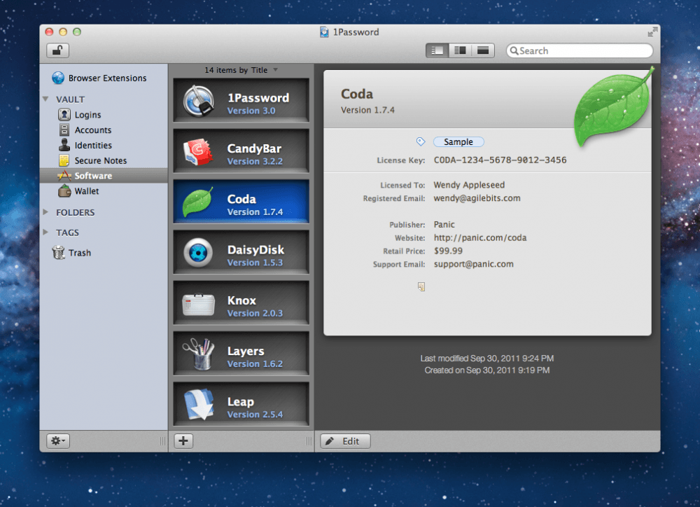 A screenshot of the 1Password license manager