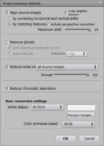 Photomatix pre processing options