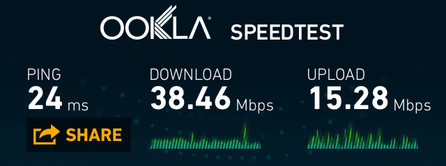 Screenshot of Speedtest result in Riga, Latvia, showing a download speed of 38.46Mbps and an upload speed of 15.28Mbps.