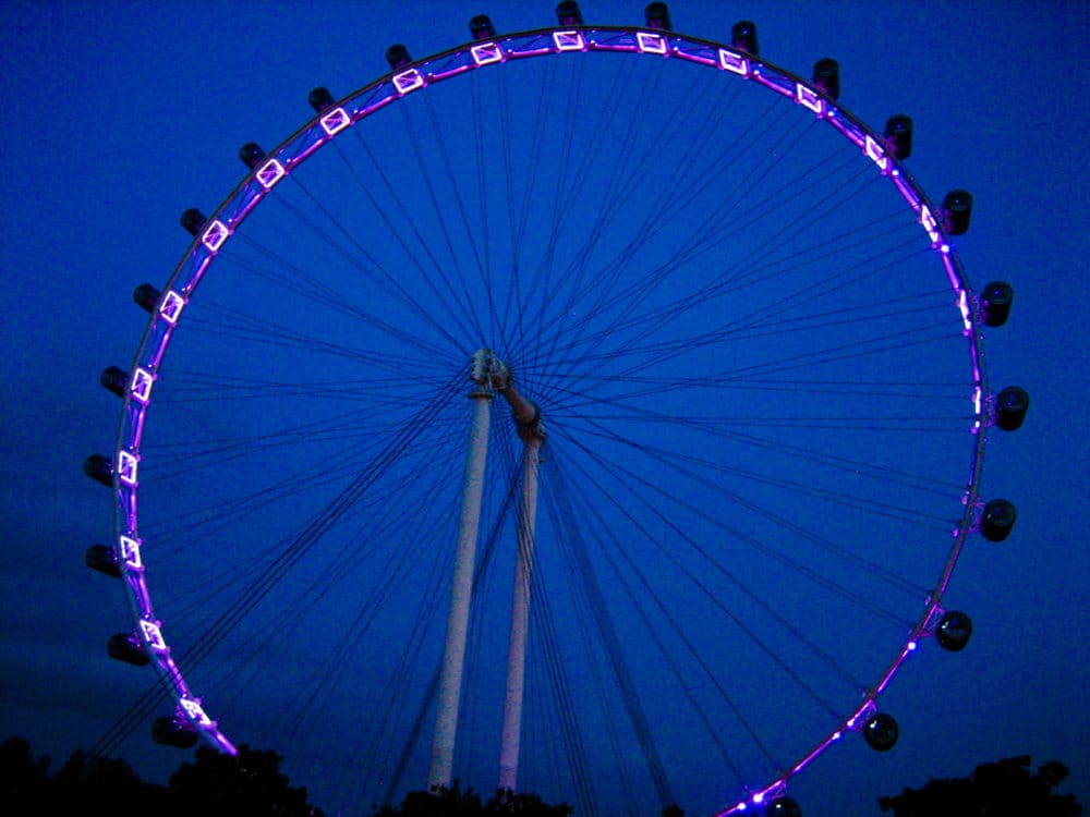 Giant revolving wheel with many capsules around the outside for people to sit in. Photo taken at dusk.
