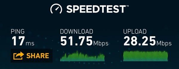 Screenshot showing Skinny LTE speeds in New Zealand, showing 51.75Mbps download and 28.25Mbps upload.