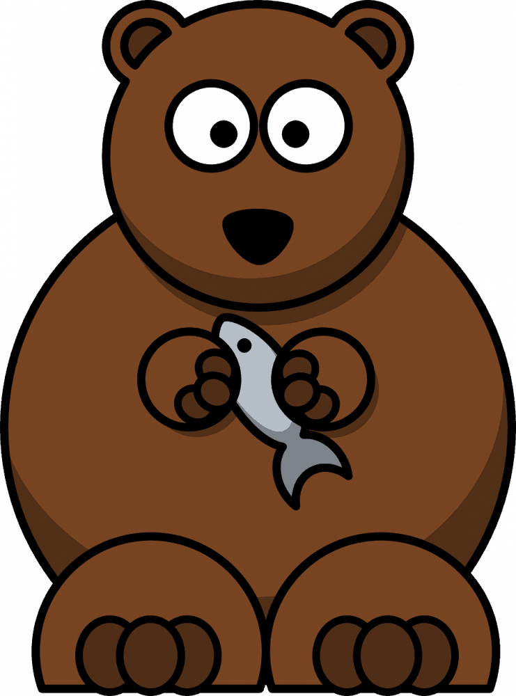 A cartoon-style bear with big eyes sitting down and holding a fish in its paws.