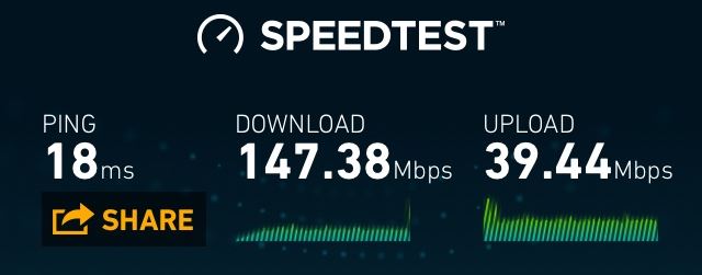 Screenshot of Yettel LTE data speeds in Budapest, showing 147.38Mbps download and 39.44Mbps upload.