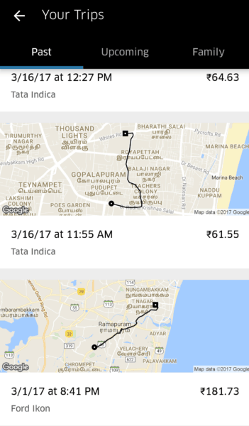Uber Chennai receipts