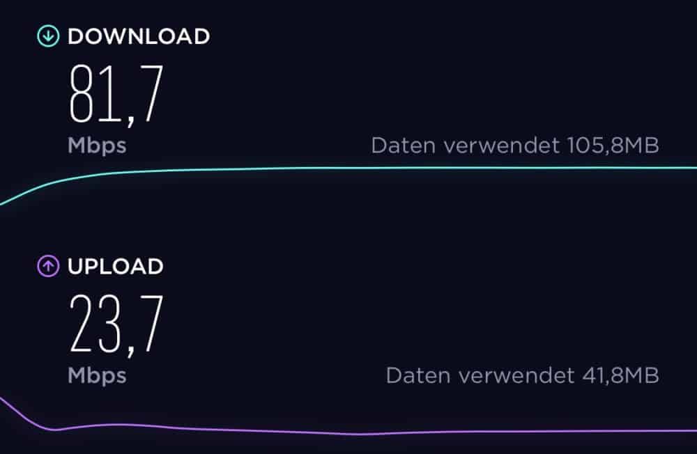 A1 LTE speeds in Austria, showing 81,7Mbps downloads and 23,7Mbps uploads.