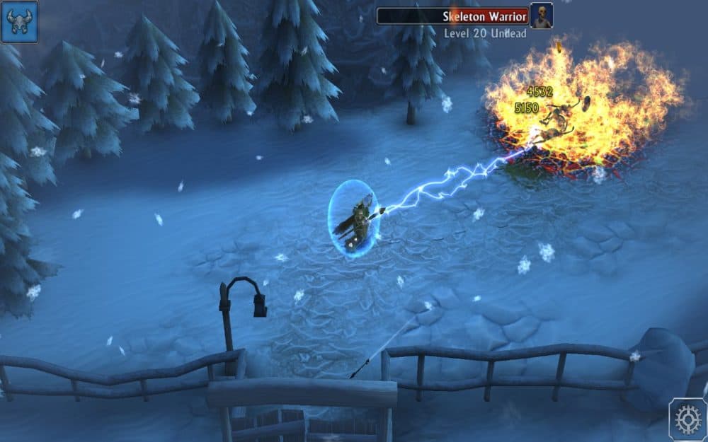Screenshot from Eternium game, showing character casting electrical spell and burning enemies on a snowy path with trees, a fence, and old-style streetlight nearby.