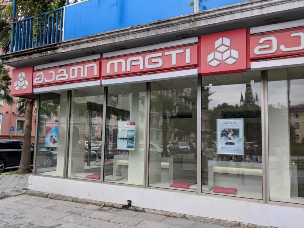 Outside of a Magti-branded store in Batumi, Georgia