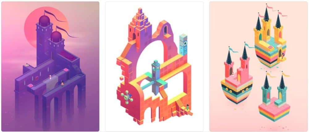 יצירות אמנות ממשחק Monument Valley 2, המורכבת מכמה מבנים מסוגננים צבעוניים