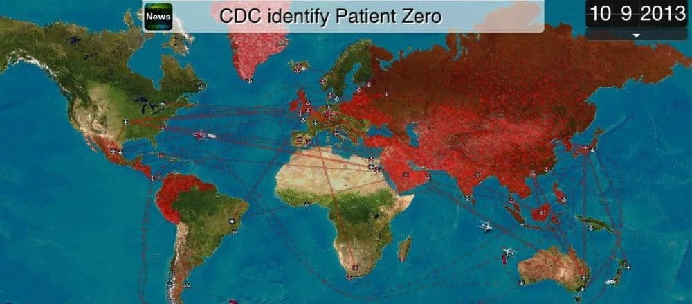 Screenshot from Plague Inc game, with world map showing plague levels in red. Headline "CSC identify Patient Zero" at top.