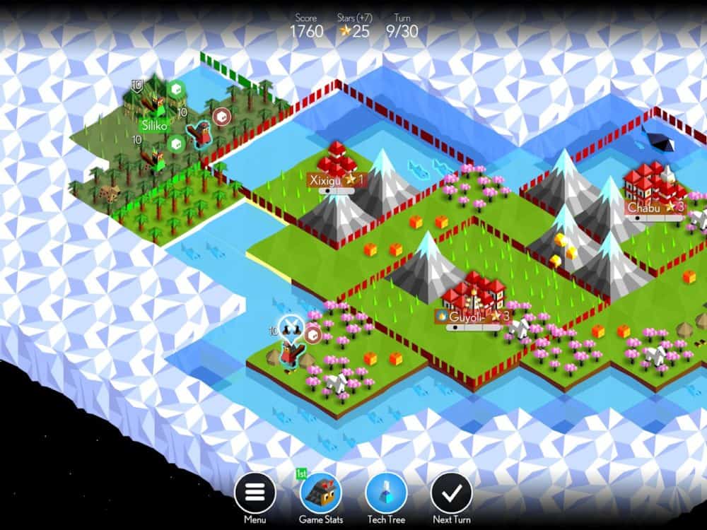 Screenshot from Polytopia game, showing pixel-art map with stylized mountains, flowers, water, city, and forests. 