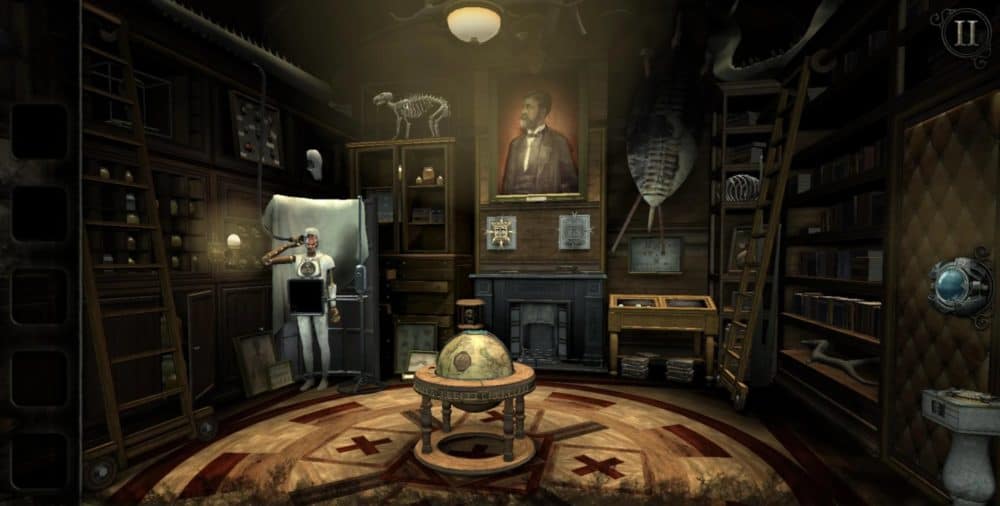 Screenshot from The Room: Old Sins game, showing what looks like a study or office with dark wood paneling, a rug, mounted skeletons, paintings, and other artefacts.