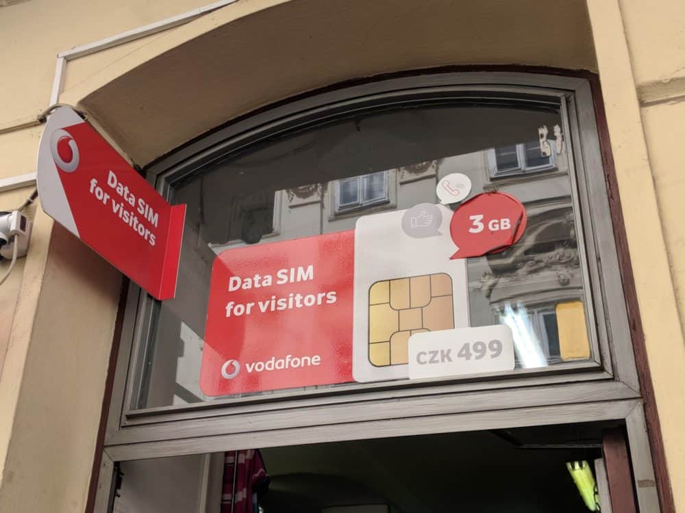 Outside of a Vodafone store in Prague, advertising a data SIM for visitors.