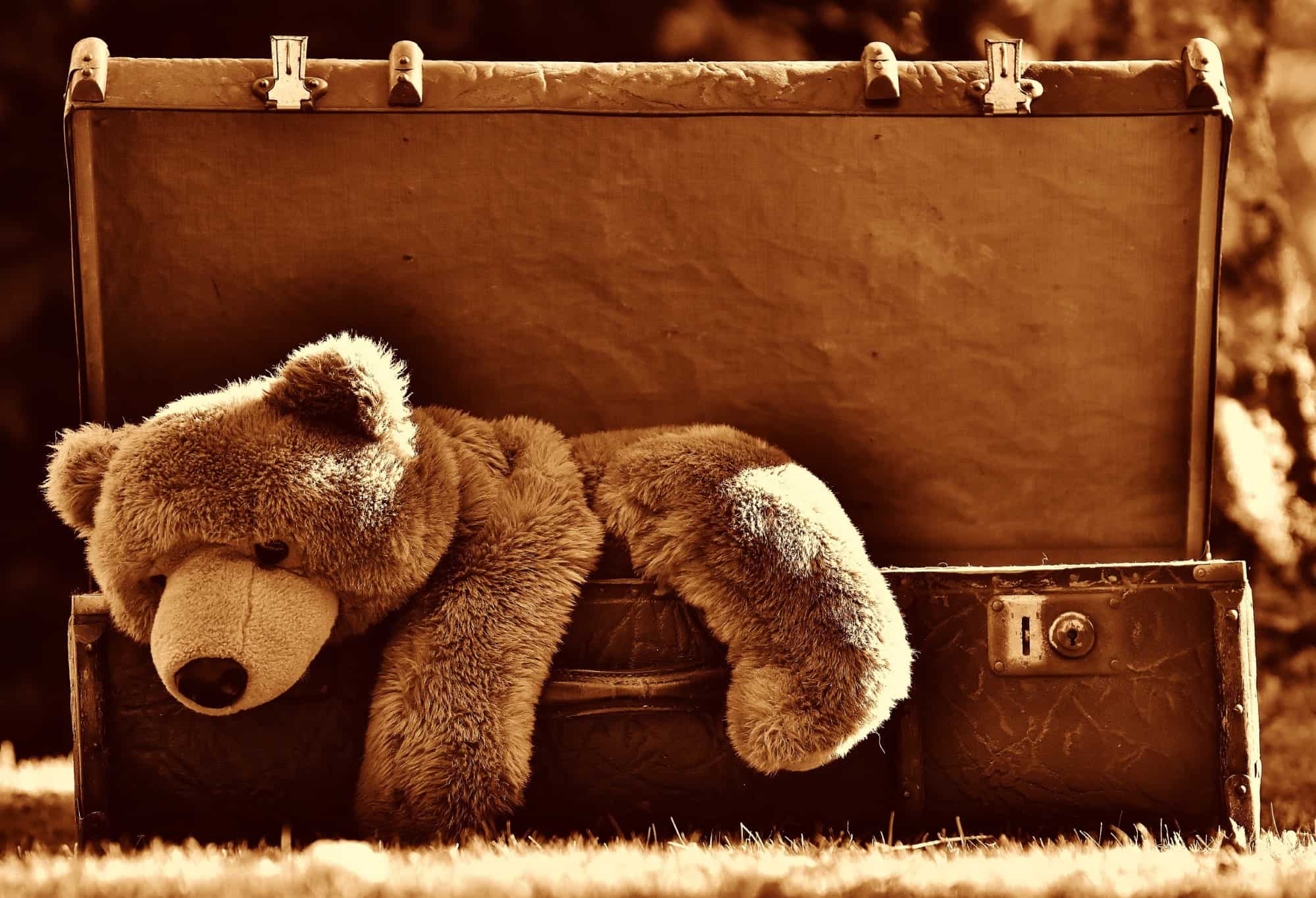 Old brown suitcase with large teddy bear hanging out the front.