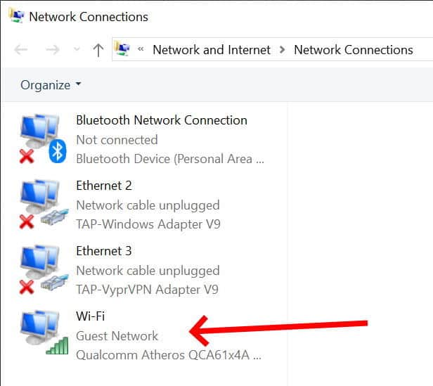 Network Connections screenshot, Windows 10