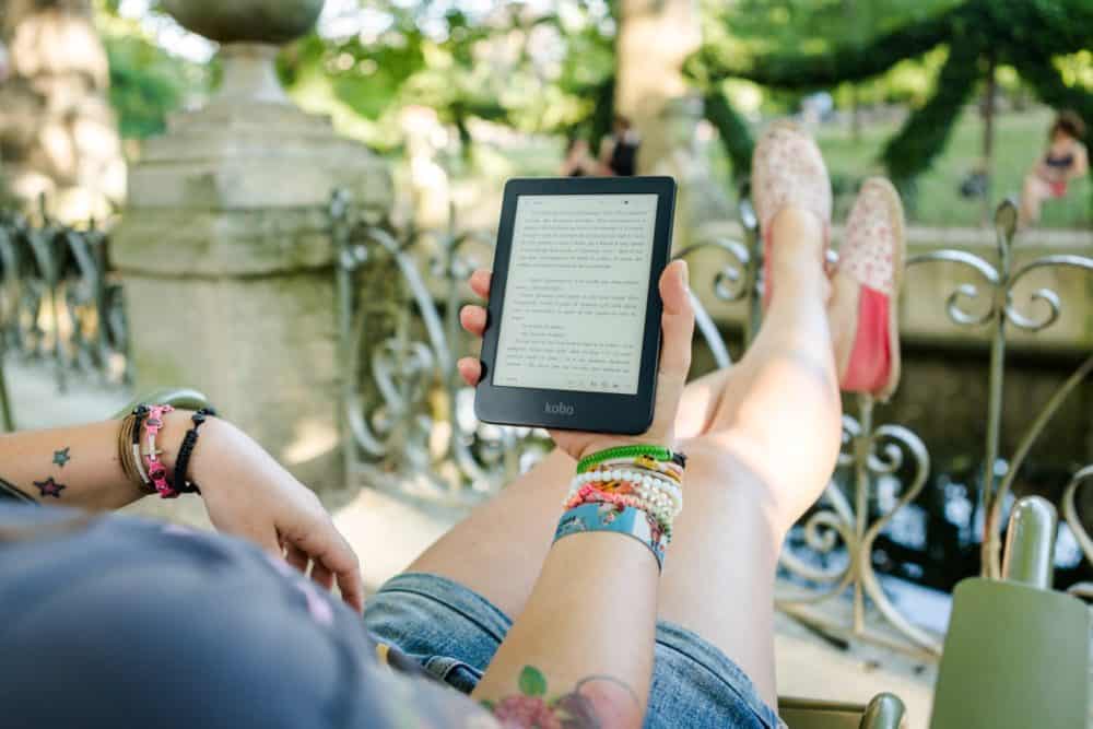 Reading Kindle with feet up