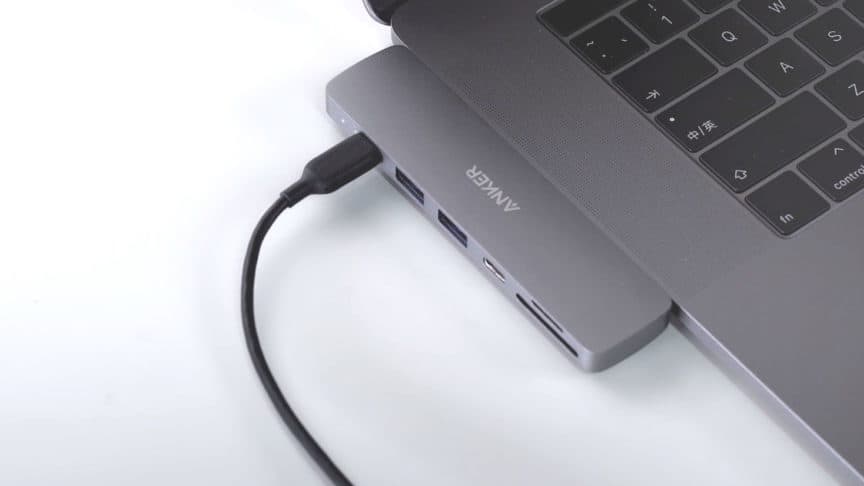 Anker PowerExpand Direct 7-in-2 hub attached to laptop