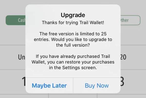 Trail Wallet upgrade screen