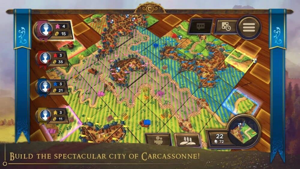 Screenshot of Carcassonne boardgame in progress, with stylized cities and farms. Four players playing. Text at bottom says Build the Spectacular City of Carcassonne!