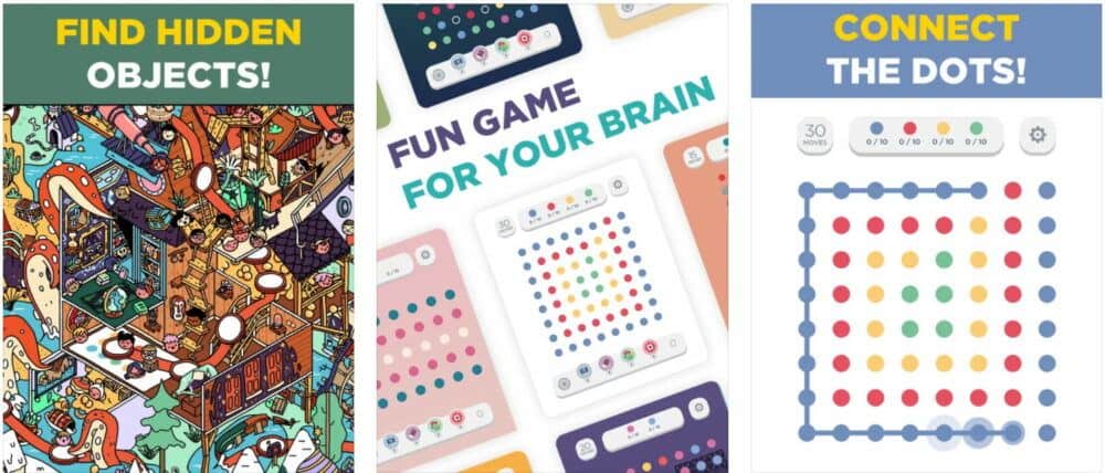 Screenshots from Two Dots game. First says "Find Hidden Objects", second says "Fun Game For Your Brain" and the last says "Connect the Dots".
