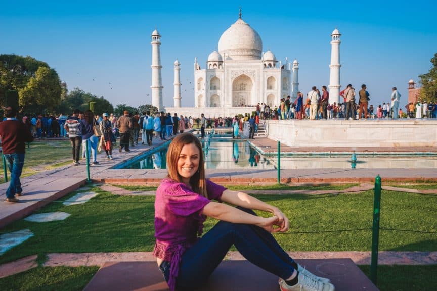 Lauren sitting in front of the Taj Mahal