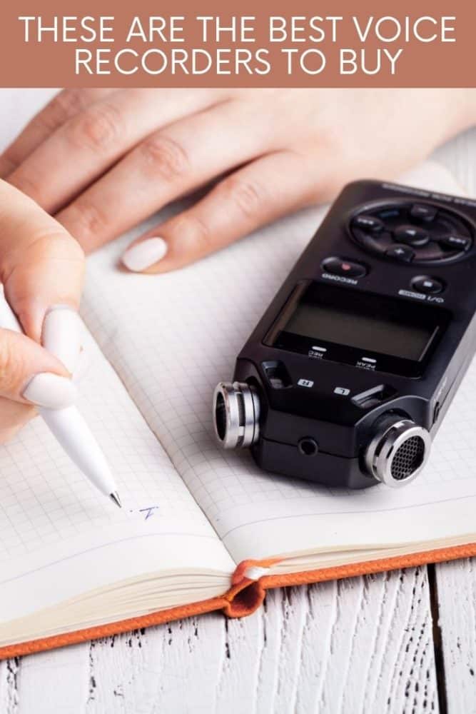 Closeup of hands, notebook and voice recorder, with text above