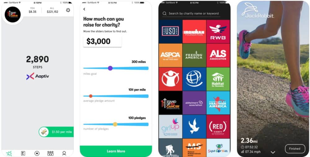 Screenshots of Charity Miles app