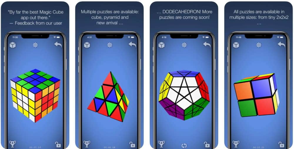 Screenshots of Magic Cube Puzzle 3D game, with four images of different block-based puzzles