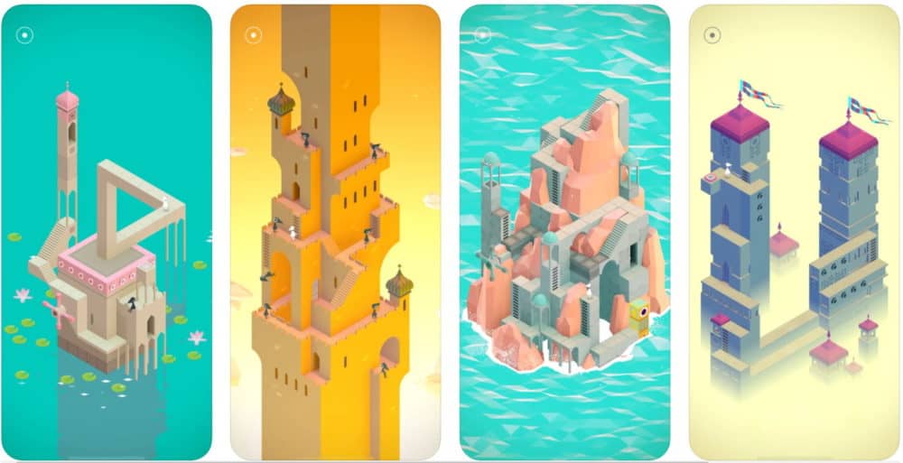 Screenshot of different building graphics from Monument Valley game