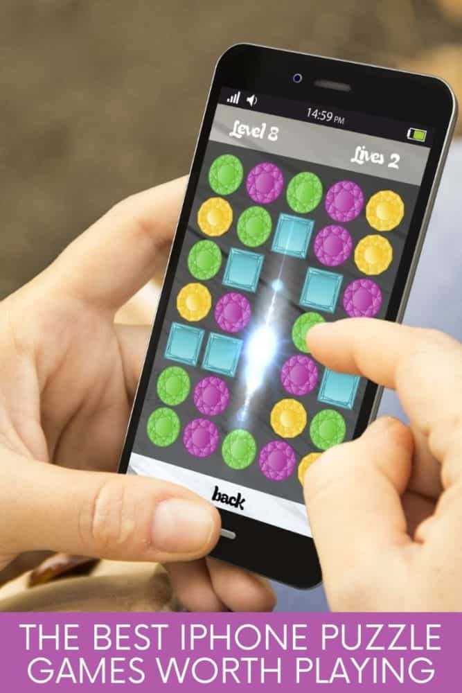 Person playing puzzle game on phone with the text "The Best iPhone Puzzle Games Worth Playing" underneath