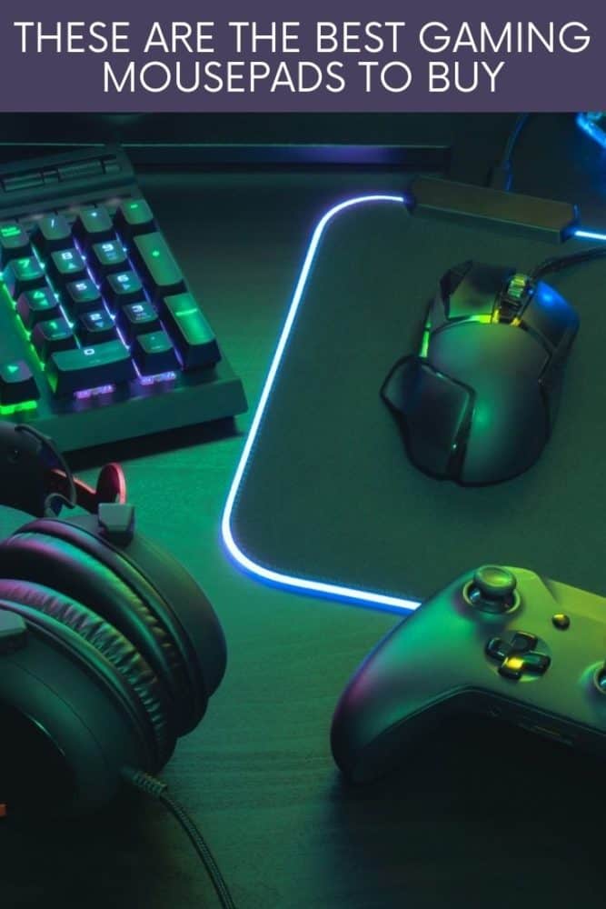 Gaming accessories, including keyboard, mouse, headphones, and mousepad, with text "These are the Best Gaming Mousepads to Buy" above