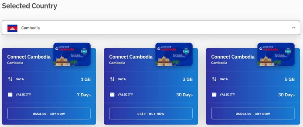 Screenshot von der Airalo-Website mit Optionen für Kambodscha