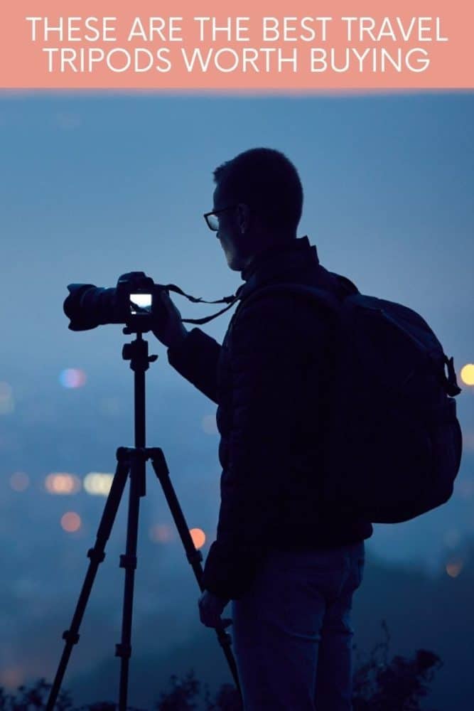 Young man taking photo using a tripod overlooking Prague, with text "These are the Best Travel Tripods Worth Buying" above