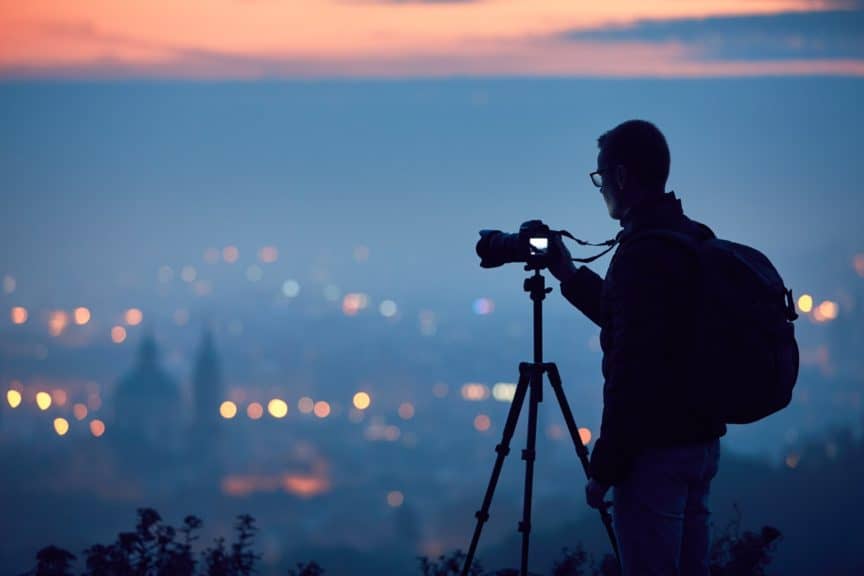 Young man taking photo using a tripod overlooking Prague