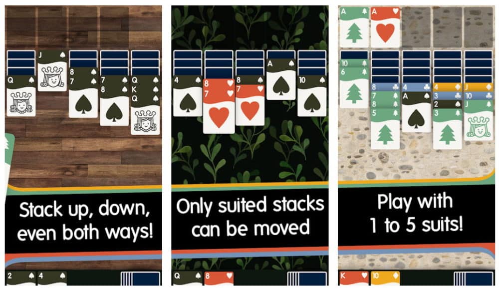 Screenshots of Flopflop Solitaire game. First says "Stack up, down, even both ways", second says "Only suited stacks can be moved" and last says "Play with 1 to 5 suits!". Solitaire card games in progress in each screenshot.
