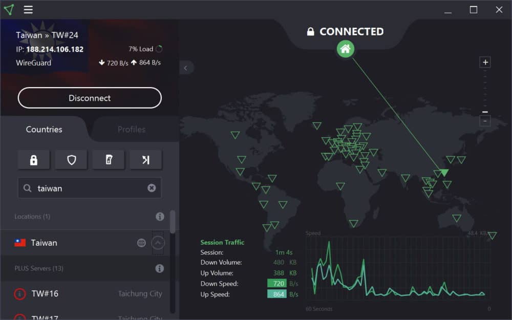 Screenshot of ProtonVPN app showing a connection to Taiwan