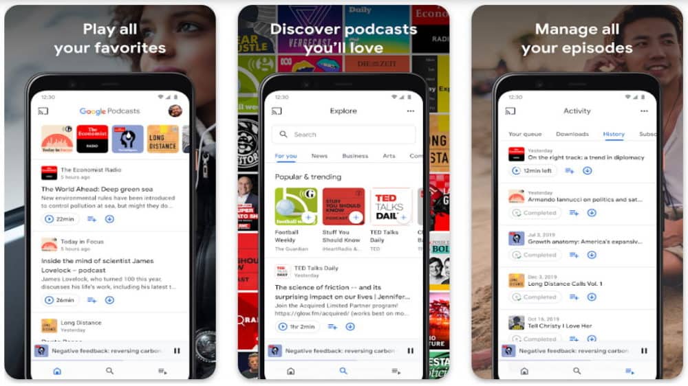 Screenshots of Google Podcasts app on Android