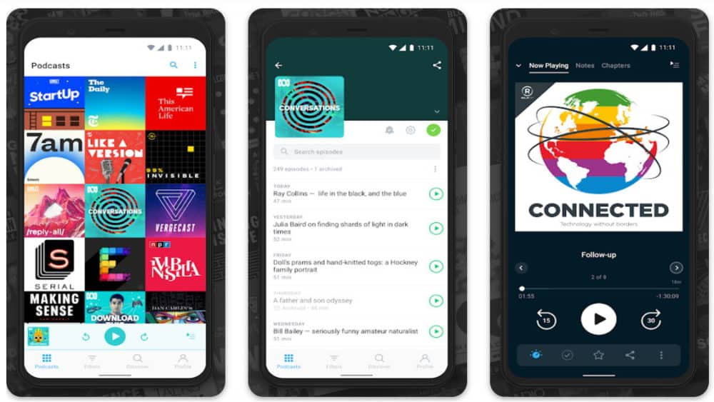 Screenshots of Pocket Casts app on Android