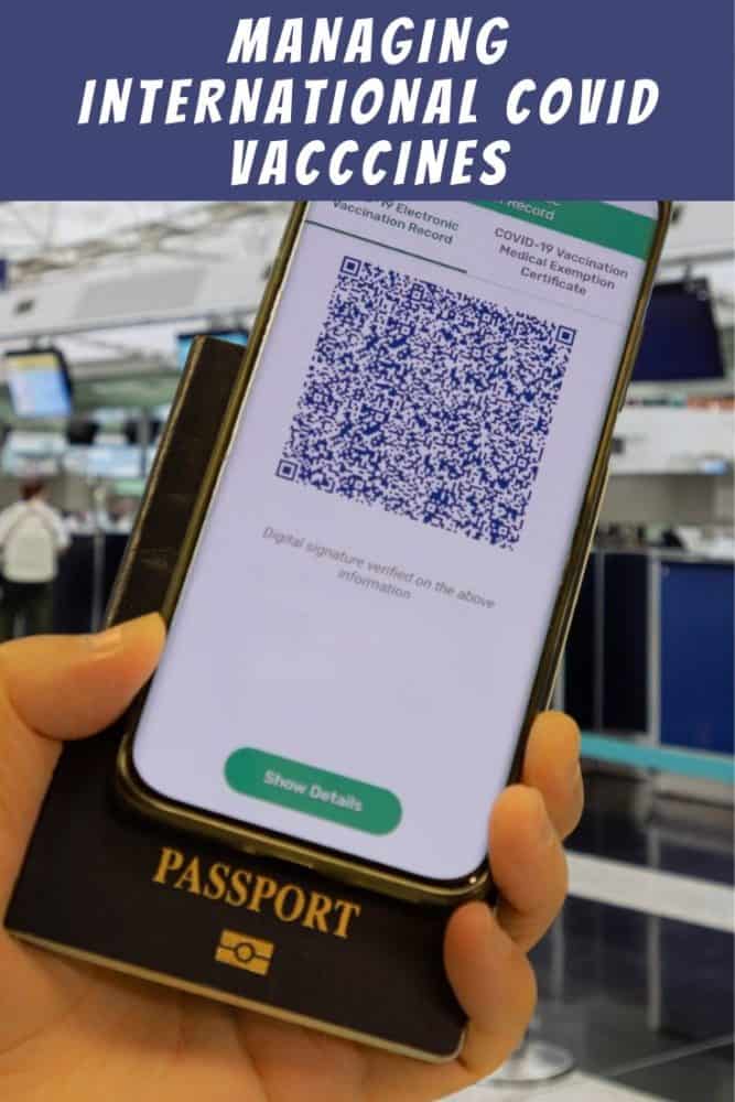 Hand holding smartphone near check-in desks, showing Covid-19 vaccination app, with text "Managing International Covid-19 Vaccines A Traveler's Tale" at top