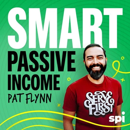 Smart Passive Income Pat Flynn podcast art, with bearded man on green background