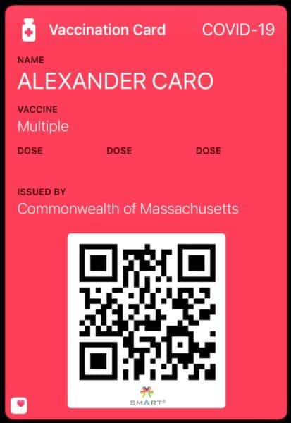 Screenshot of Covid-19 digital vaccination card showing multiple doses, issued by Commonwealth of Massachusetts