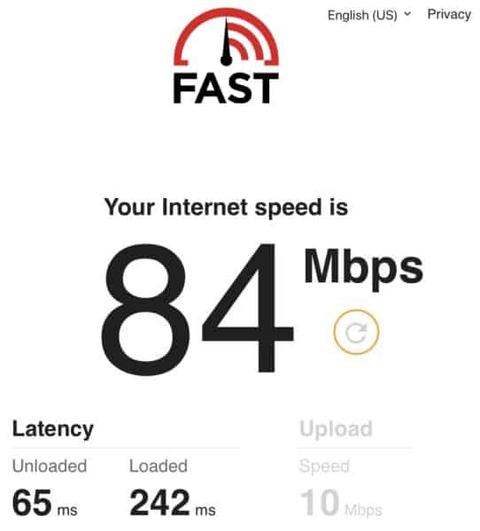 Screenshot of Telkomsel 4G/LTE speeds in Ubud, Bali, showing 84Mbps download and 10Mbps upload