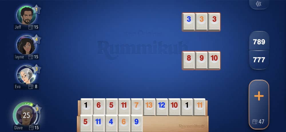 Screenshot of Rummikub game in progress, with a board full of simple numbered tiles at the bottom and two rows of three tiles in play in the middle.