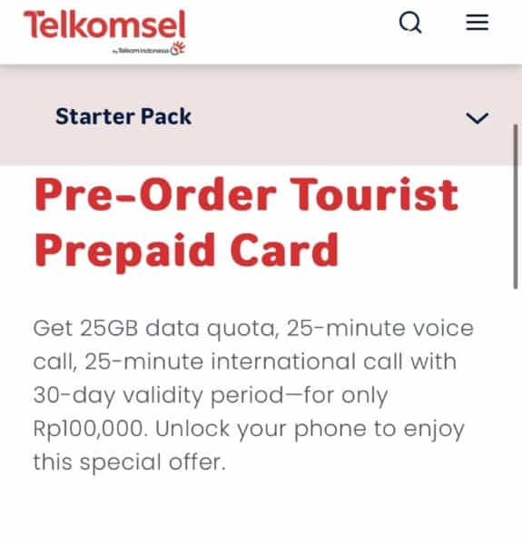 Screenshot of Telkomsel Indonesia Tourist SIM card pricing and details