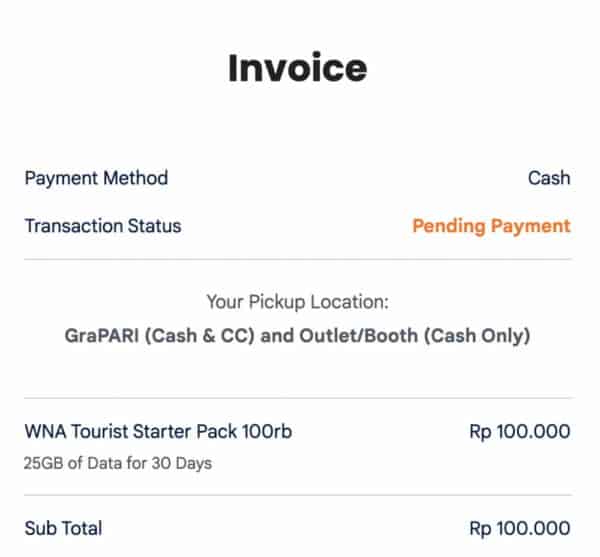 Screenshot of invoice for Telkomsel Tourist SIM starter pack with price and package details