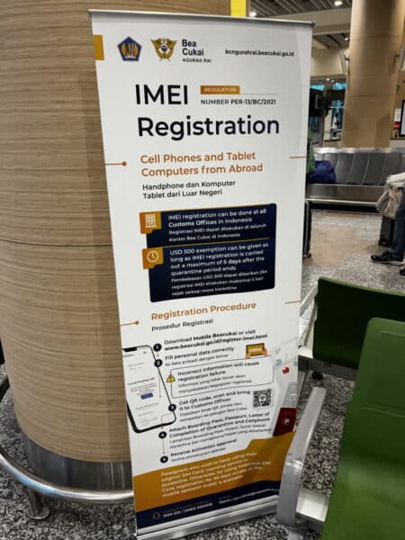 Sign at Bali airport with information about registering the IMEI number of your phone or tablet