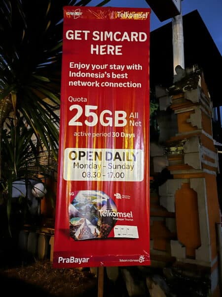 Telkomsel sign in Bali, advertising Indonesia's best network connection and 25GB data package
