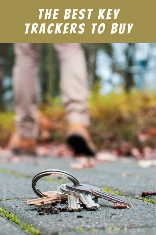 Keys on ground with person walking away in the background, with text "The Best Key Trackers to Buy" at top