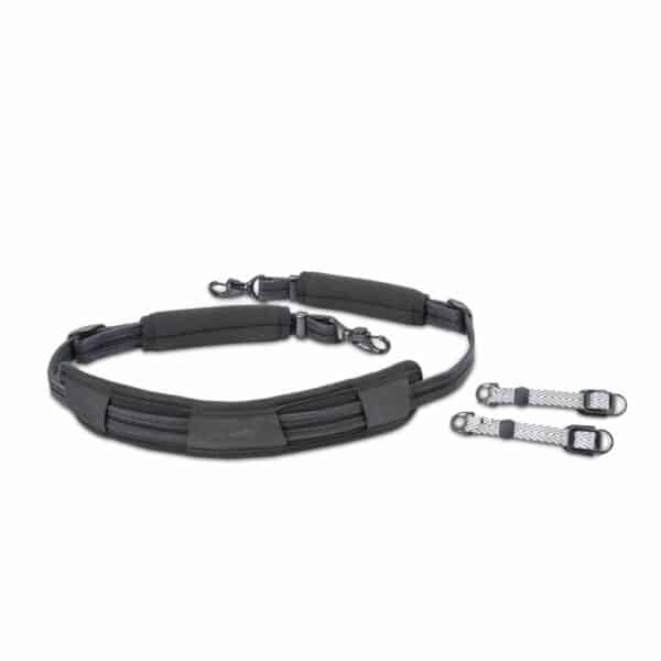 Black Pacsafe Carrysafe 100 G2 camera security strap on a white background