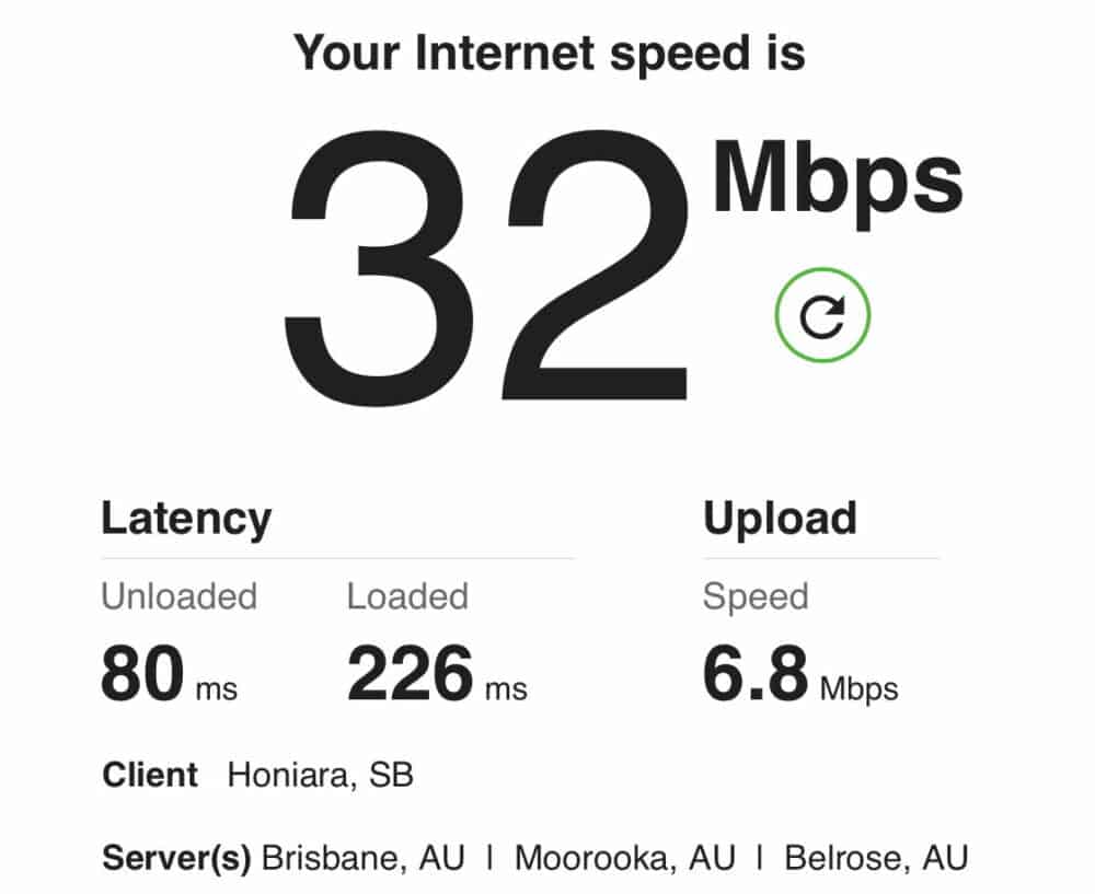 Screenshot of Our Telekom LTE data speeds taken in Honiara, Solomon Islands, showing 32Mbps download and 6.8Mpbs upload