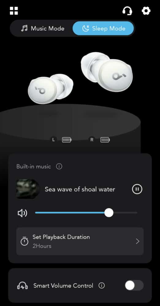 Screenshot from Soundcore app showing Sleep Mode for the A10 earbuds